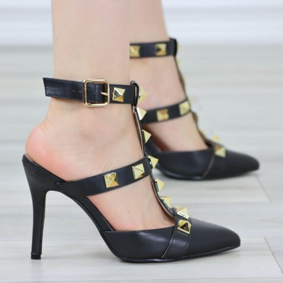 Black Pointed Toe High Heels Trendy Gold Studs Ankle Strap Stiletto's - Picture 10 of 13